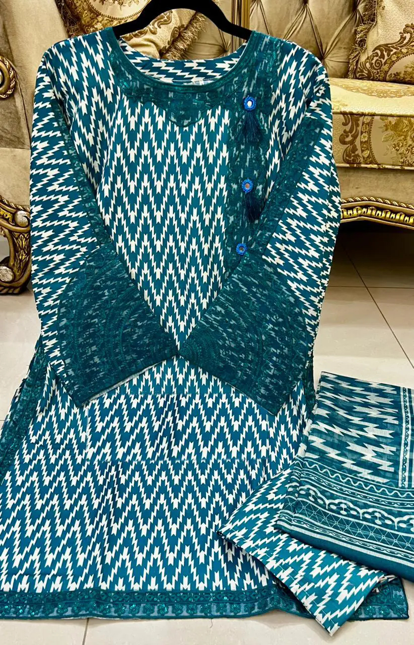 Women's 3 Piece Doria Lawn Suit with Mirror Work & Digital Print | Heavy Sequin Embroidered Shirt, Printed Trouser (Flapper) & Monar Dupatta | Summer Collection