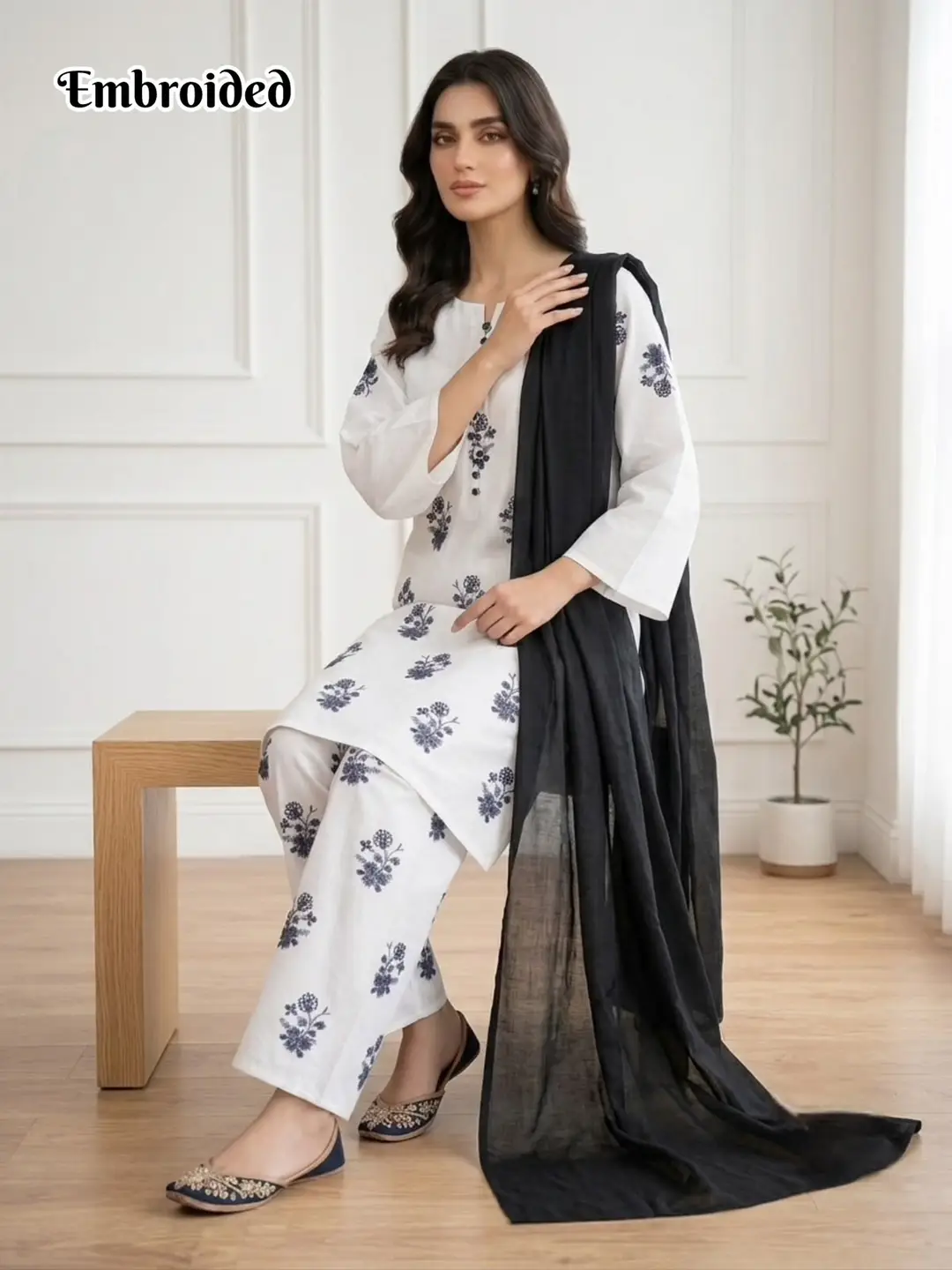3 Pcs Women's Stitched Cotton Lawn Embroidered Suit