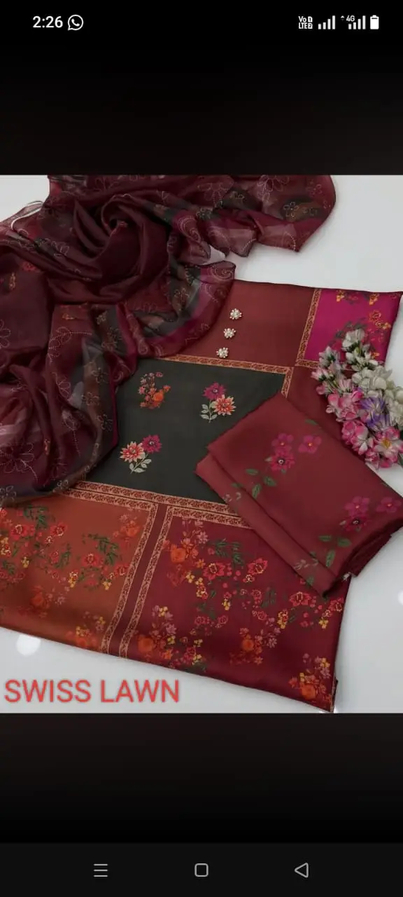 Unstitched Digital Printed Swiss Lawn 3 Piece Suit for Women | Floral Printed Swiss Lawn Shirt & Trouser with Poly Silk Dupatta | Summer Lawn Collection