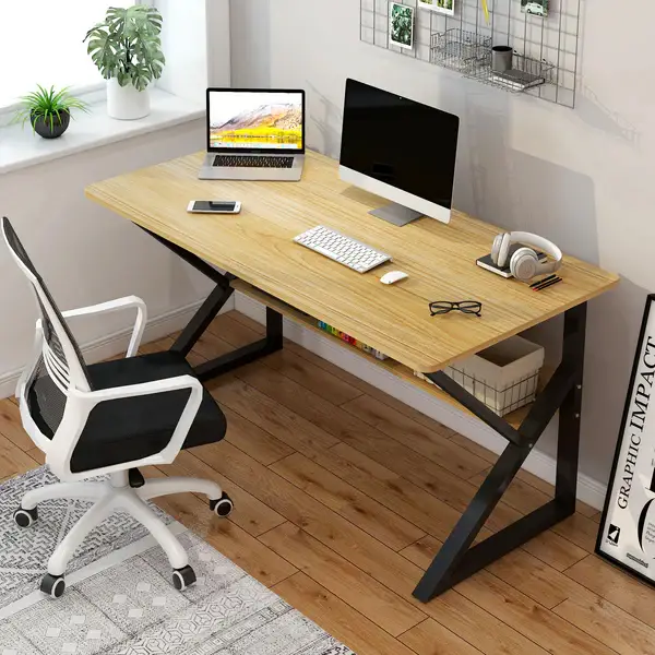 Study Table with Storage Shelf | Computer Desk | Wooden Office Table | Laptop Desk | Writing Desk | Modern Metal Frame Home Office Table