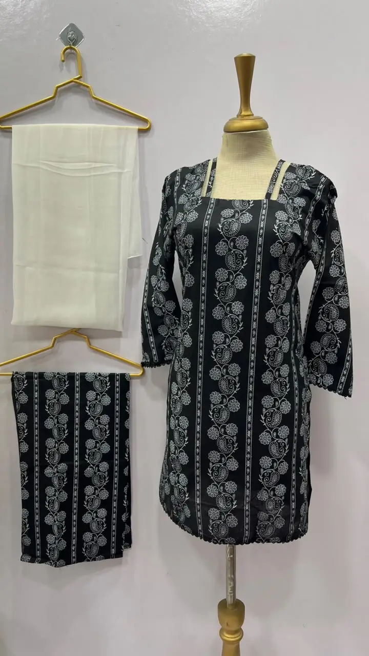 3Pcs Women's Stitched Cotton Lawn Block Printed Suit with Printed Straps