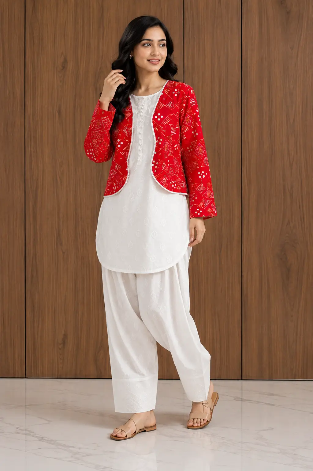 3 Pcs Women's Stitched Cotton Printed Shirt And Trouser with Chungi printed Koti