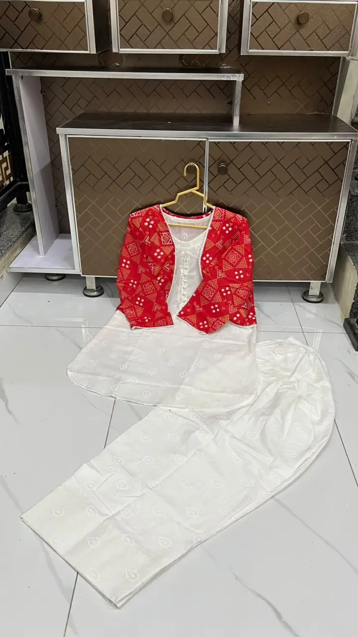 3 Pcs Women's Stitched Cotton Printed Shirt And Trouser with Chungi printed Koti