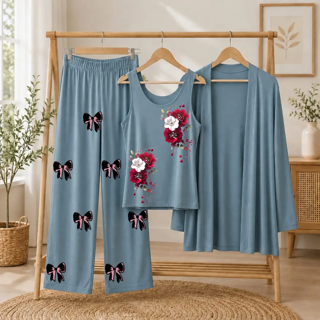 3 Pcs Women's Stitched Jersey Printed Night Suit