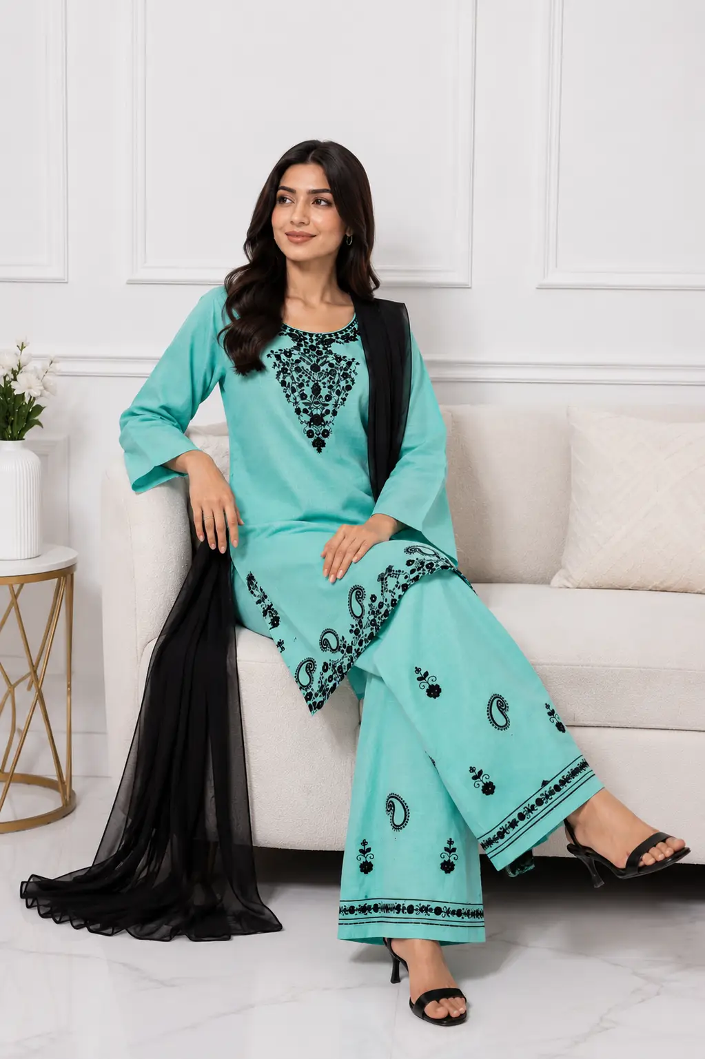 3 Pcs Women's Stitched Cotton Embroidered Suit