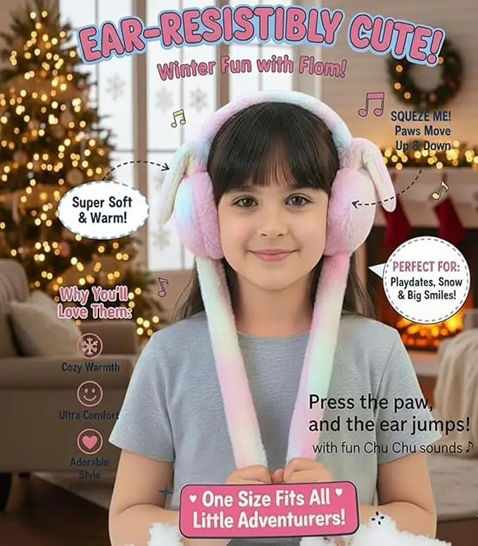 Bunny Ear Muffs for Kids | Plush Rabbit Earmuffs with Moving Ears & Chu Chu Sound | Winter Warm Ear Warmers for Girls & Boys | Soft Cute Cartoon Bunny Ear Muff Toy Gift Earmuffs