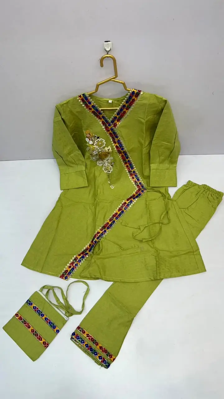 2 Pcs Girl's Cotton Embroidered Frock And Trouser Set