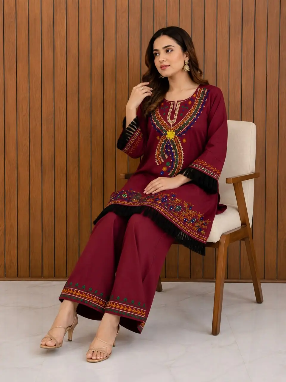 2 Pcs Women's Stitched Lawn Hand Embroidered Co-Ord Set