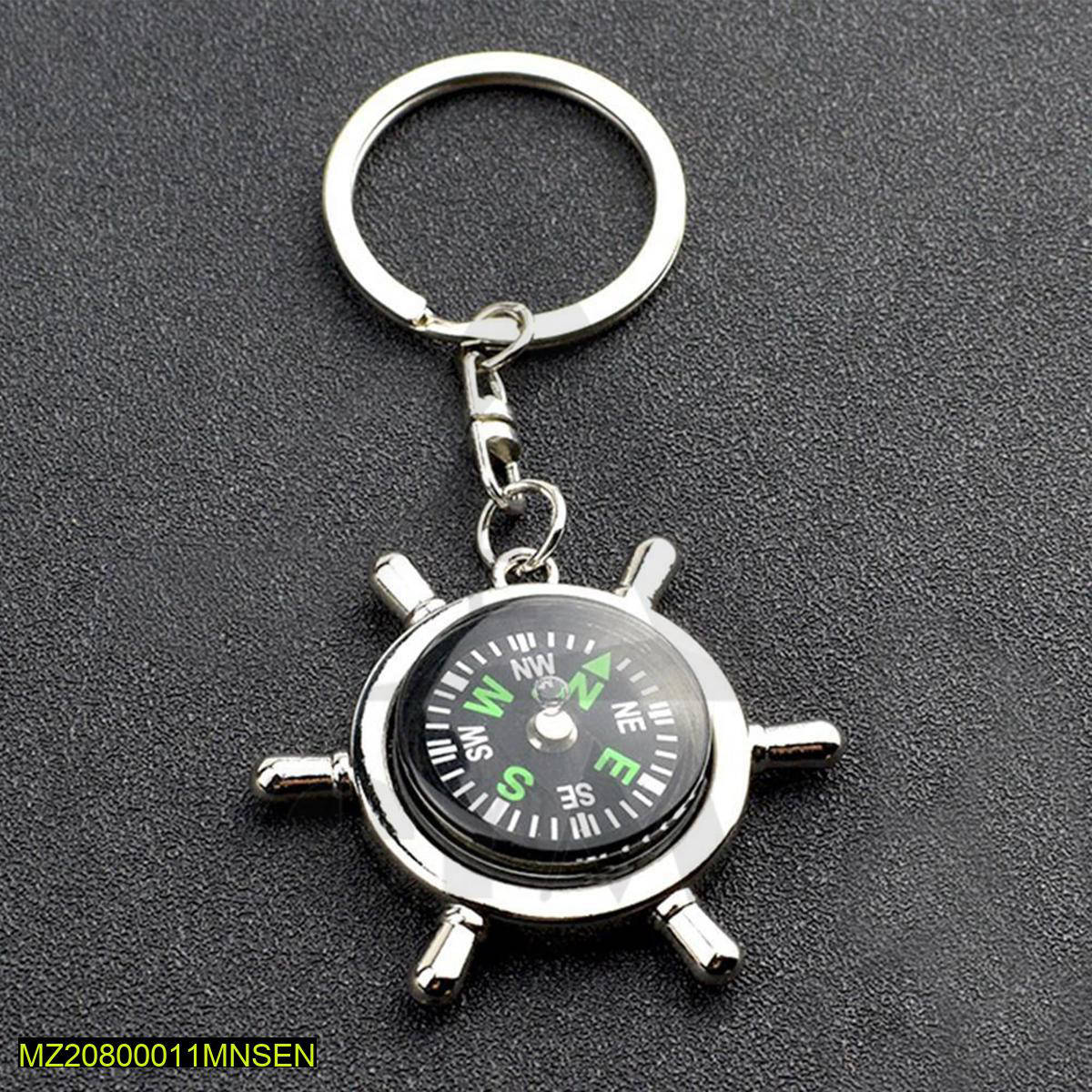 Stainless Steel Compass Keychain Silver Green