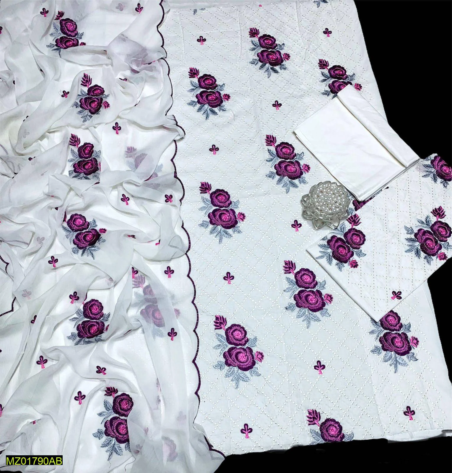 White 3 Pc Lawn Suit Embroidered Bareeze Inspired Bamber Chiffon