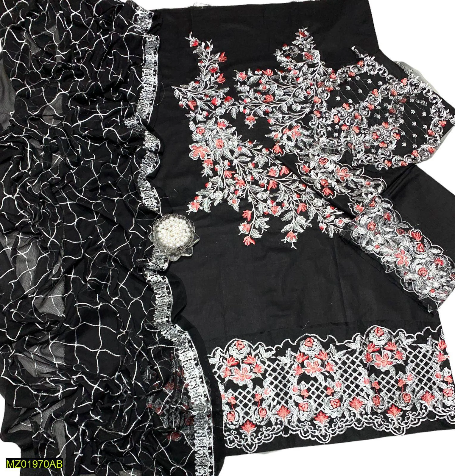 Lawn 3 Pc Suit Emb Royal Black Embroidered Chiffon Dupatta