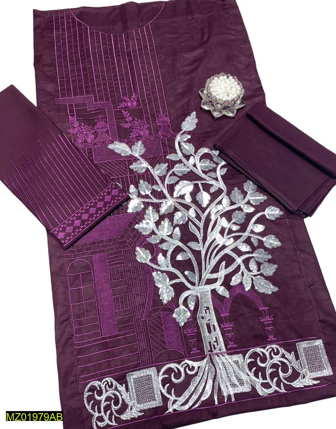 2 Pc Heavy Embroidered Lawn Suit Purple Paisley